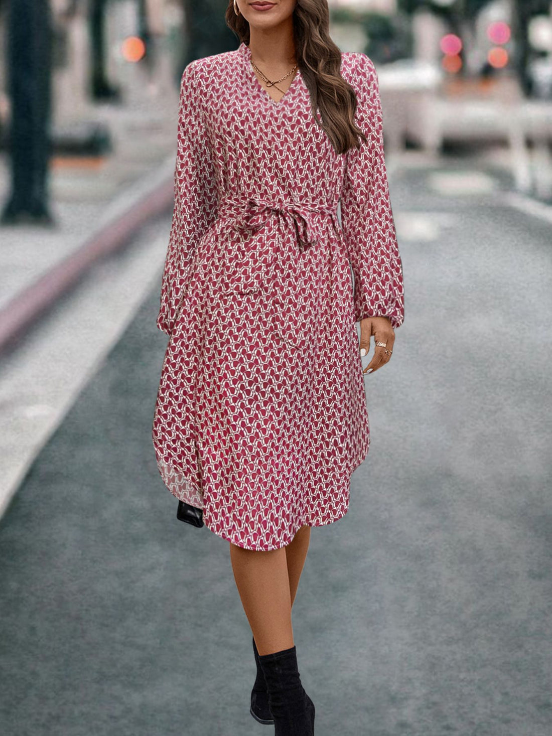 burgundy midi dress with geometric and v-neck