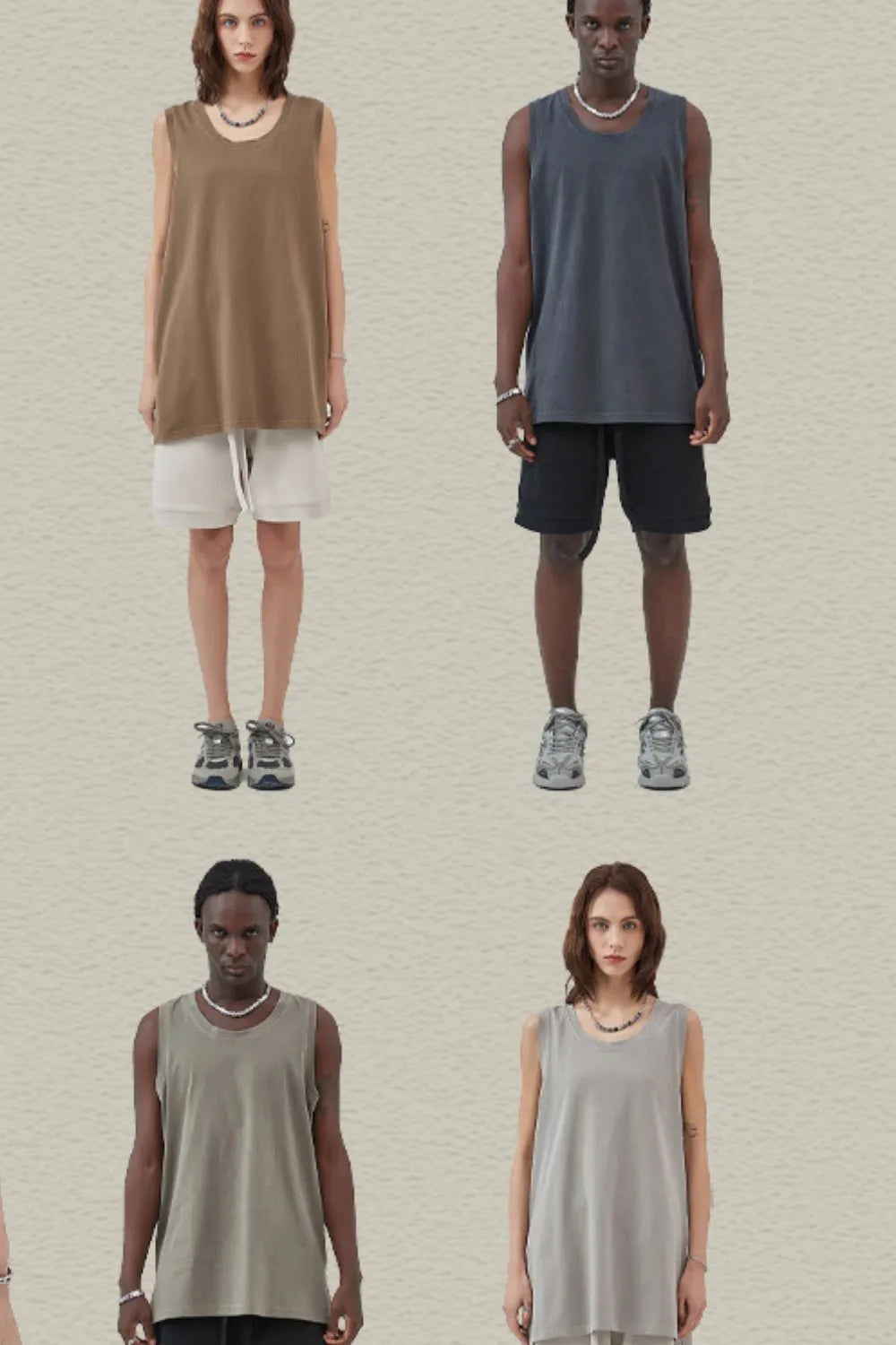 Relaxed slit hem tank top in olive brown, dusty blue, gray, and sage.