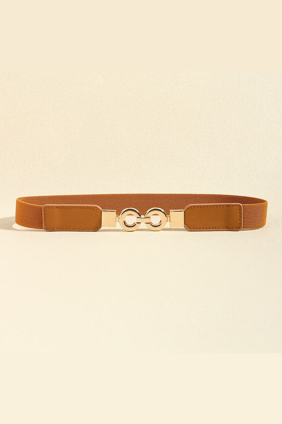 Caramel elastic belt with gold buckle and faux leather accents