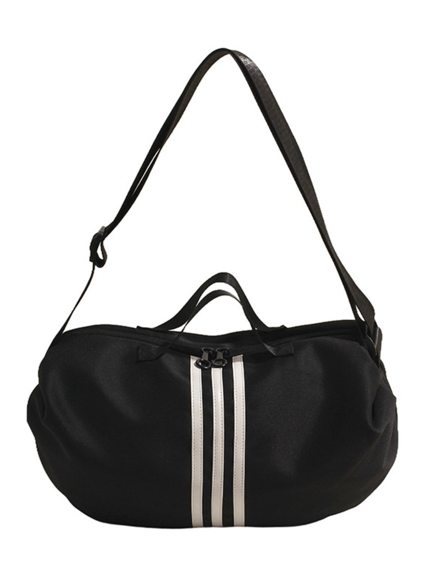 Black medium oxford cloth crossbody bag with white stripe detail and dual zippers