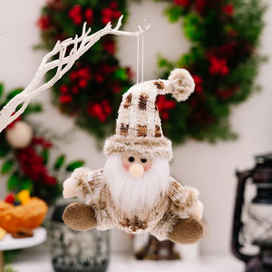 Brown knit Santa Christmas ornament with plaid hat and fur trim.