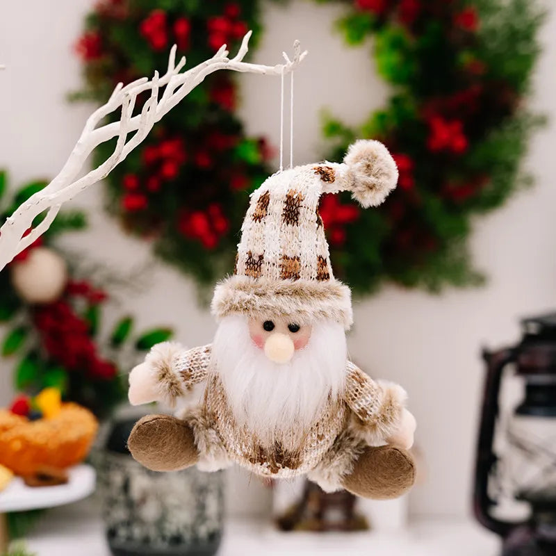 Brown knit Santa Christmas ornament with plaid hat and fur trim.