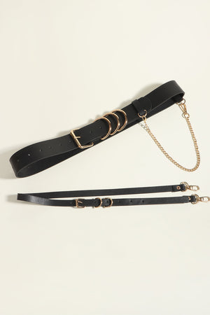 Black PU leather harness belt with gold chain detail and multiple rings.