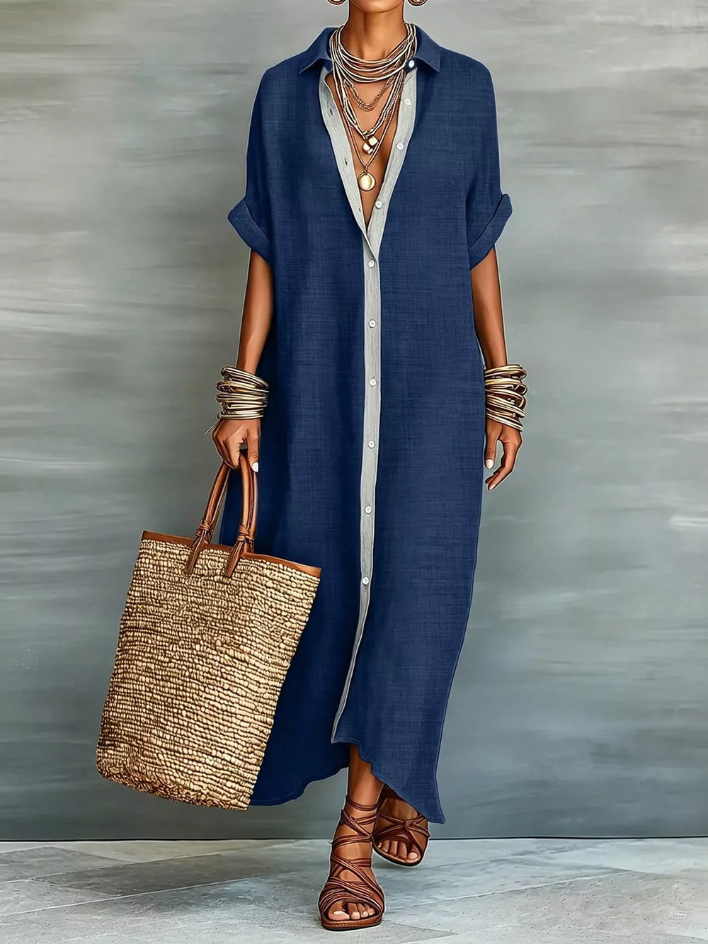 shirt dress in Dark Navy with buttoned and ankle-length