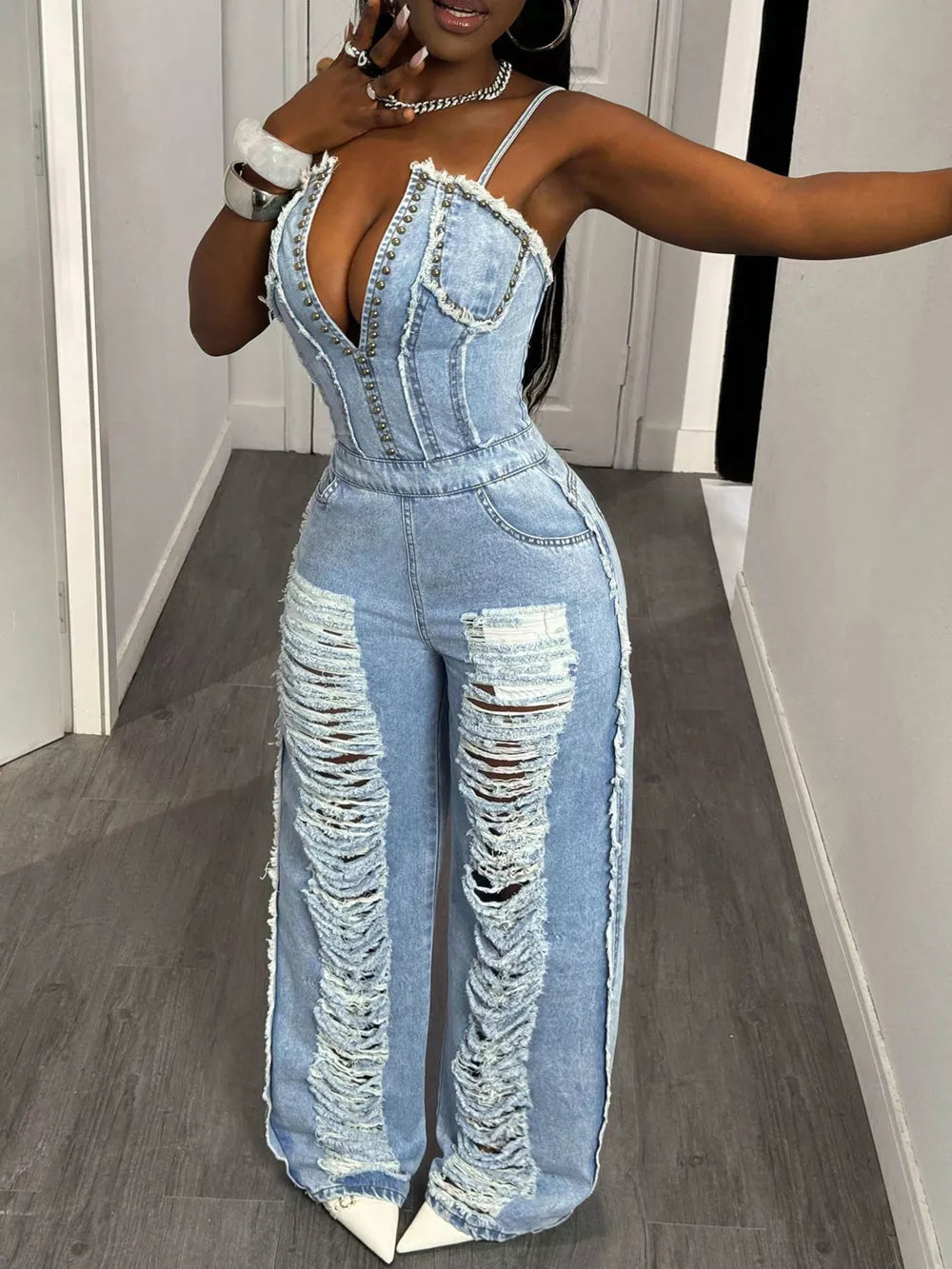 Distressed Spaghetti Strap Wide-leg Denim Jumpsuit