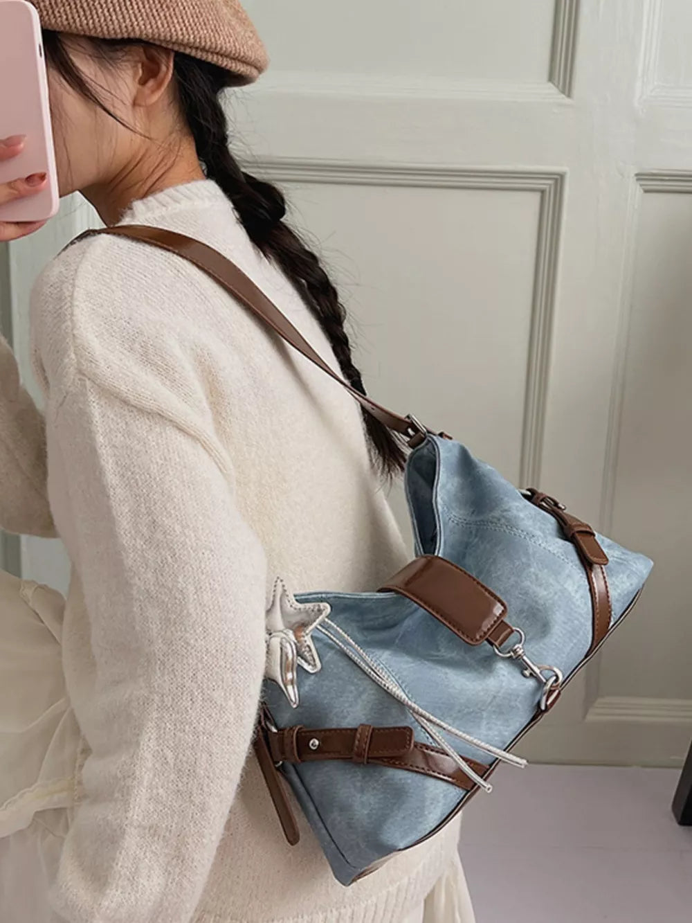 Vintage Wash Crossbody Bag With Leather Accents in light blue with leather accents