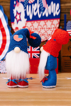 Stars & Stripes gnomes with white beards and patriotic hats, red boots, and blue accents.