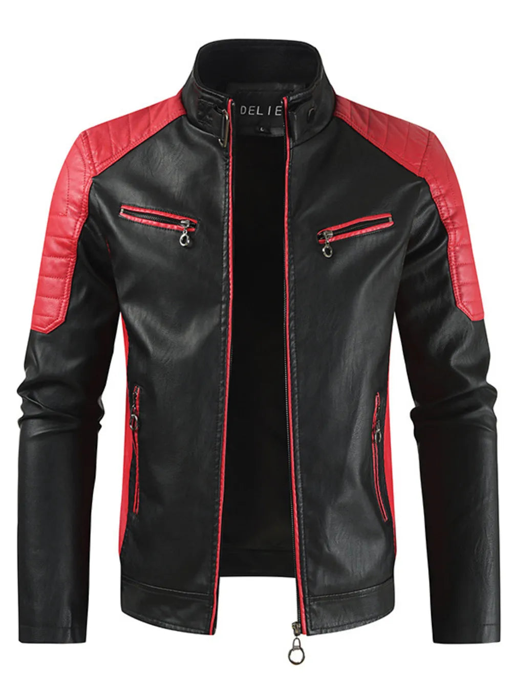 Black faux leather moto jacket with red accents and quilted shoulders.