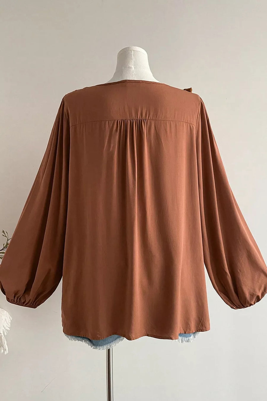 Caramel with Plus Size V Neck Embroidered Tassel Blouse in Caramel