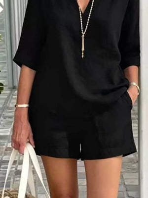 Black Full Size Half Sleeve Top And Shorts Set