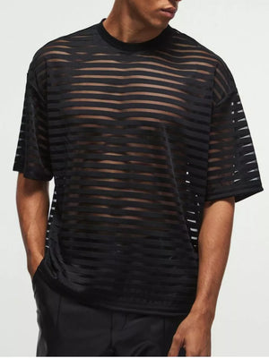 Men's black sheer striped round neck t-shirt with short sleeves.