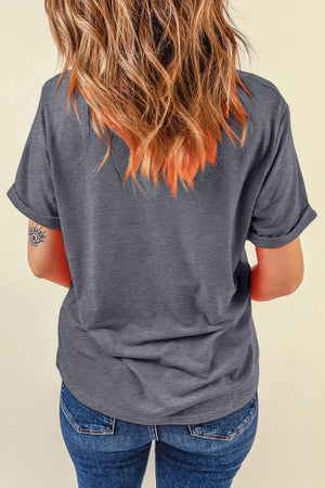 Gray polyester t-shirt with rolled short sleeves and a graphic print detail on the back.