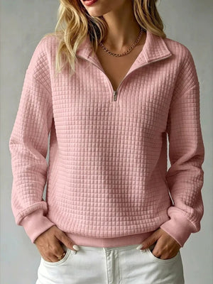 blush pink sweatshirt with waffle knit and collared