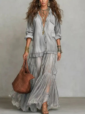 Light Gray sheer ruffle maxi dress with buttoned detailing and flowing skirt.