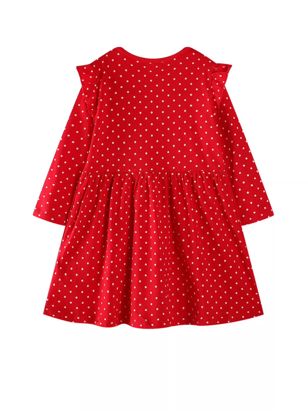 Red polka dot long-sleeve baby dress with ruffled shoulders and a gathered waist.