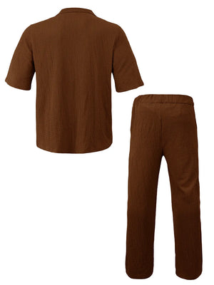 Brown textured short sleeve collared shirt and matching wide leg pants set
