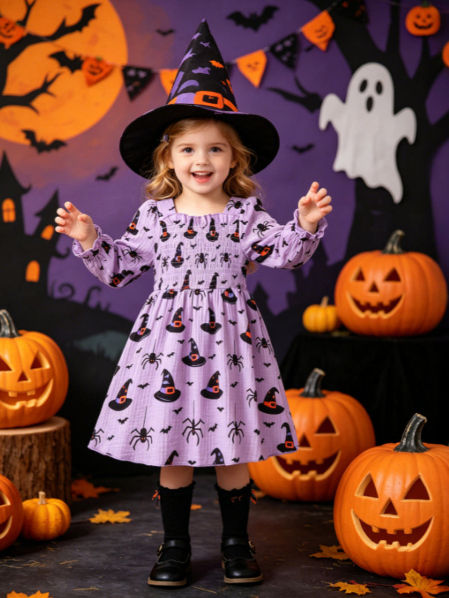 Purple A-line dress featuring ruffled and Halloween print