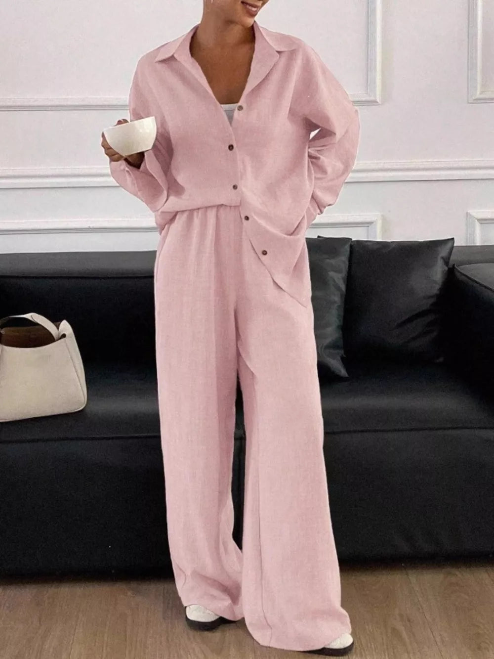 Button-down Long-sleeve Pants in Pink