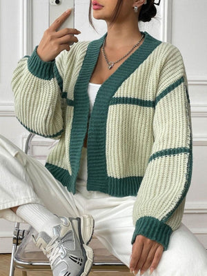 light pink cardigan with open-front and color-block