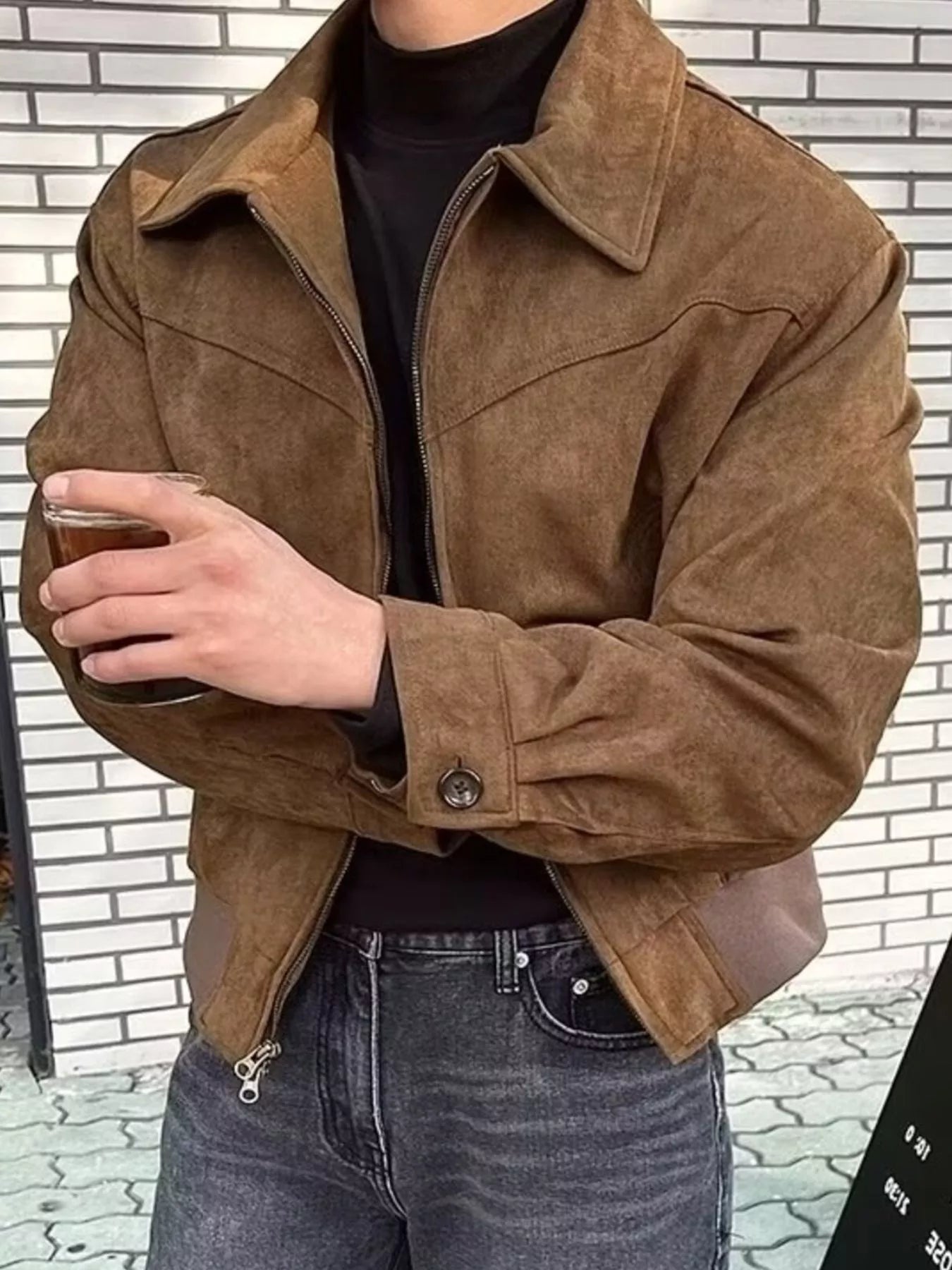 Brown suede zip-up casual jacket with button cuff and collar detail