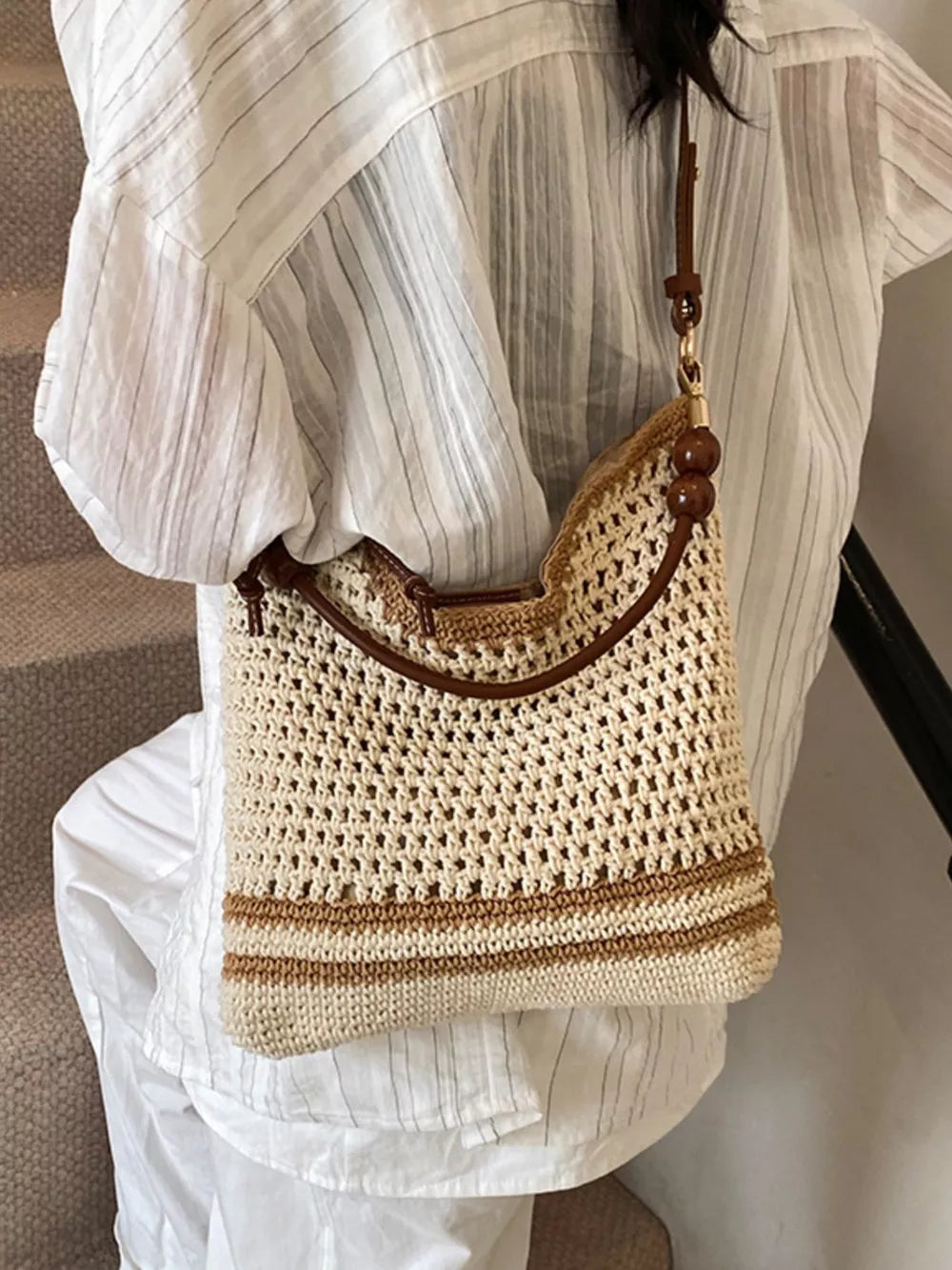Crochet Knit Shoulder Bag in Beige