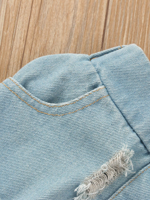 Light wash denim skirt with distressed hem and pocket detail.
