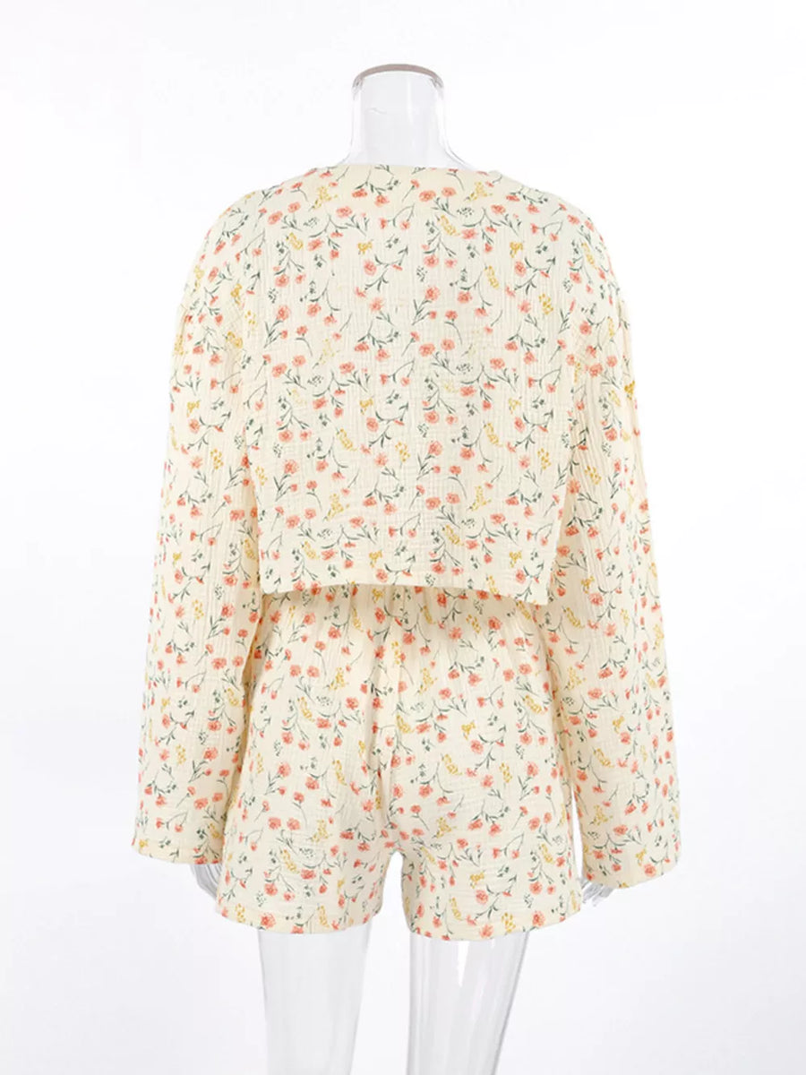 lounge set in peach with ditsy floral and tied