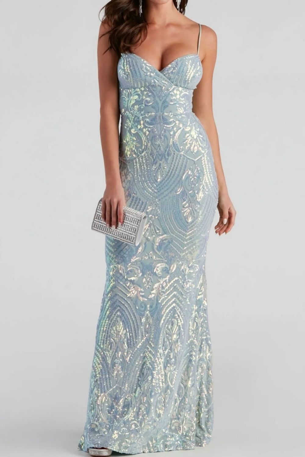 light blue formal gown with geometric and sweetheart