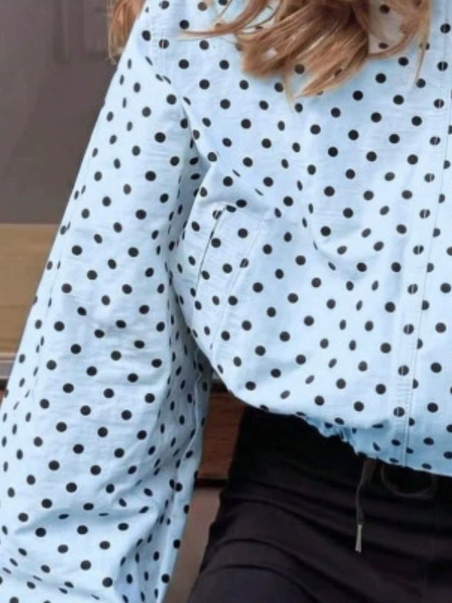 Polka Dot Zip Up Casual Jacket in Blue with collared