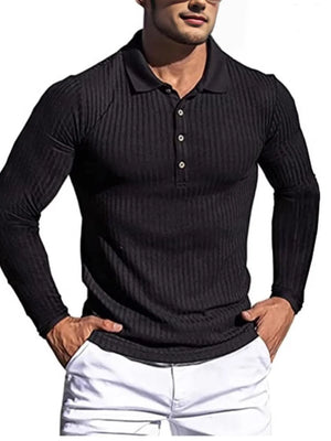 Black ribbed long sleeve polo shirt with sculpted fit and button placket.