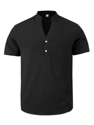 Black relaxed fit linen blend men's shirt with band collar and two button placket