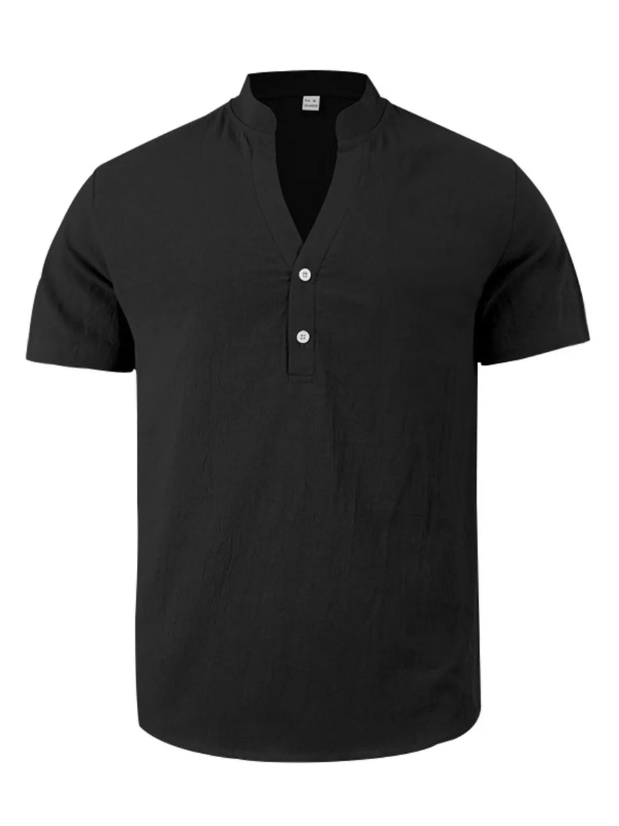Black relaxed fit linen blend men's shirt with band collar and two button placket