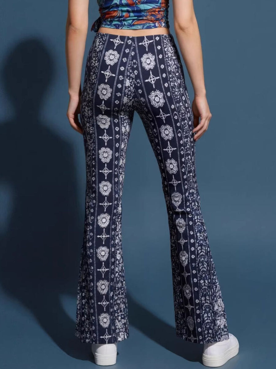 navy blue wide-leg pants with full-length and elastic