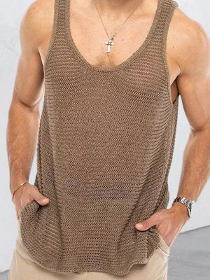 Taupe open-knit scoop neck tank top with a relaxed fit.