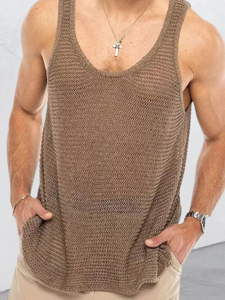 Taupe open-knit scoop neck tank top with a relaxed fit.