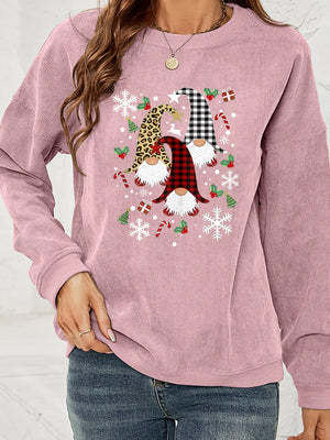 Dusty Pink corduroy sweatshirt with a gnome graphic, snowflakes, and holiday accents.