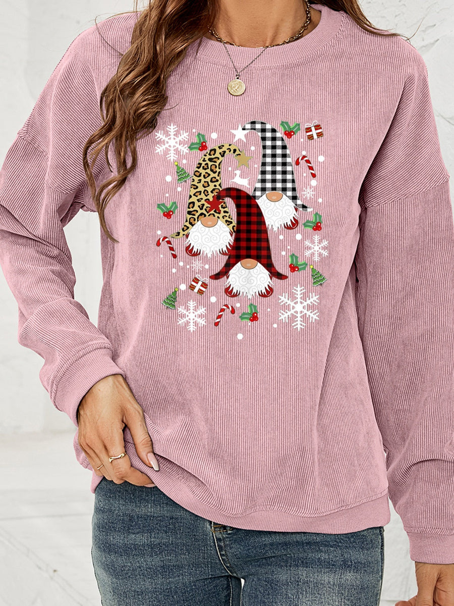 Dusty Pink corduroy sweatshirt with a gnome graphic, snowflakes, and holiday accents.