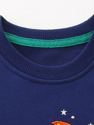Navy cotton toddler sweatshirt with dinosaur appliqué and green trim detail.