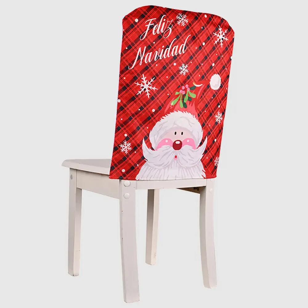 Red plaid chair cover with Feliz Navidad text and Santa graphic.