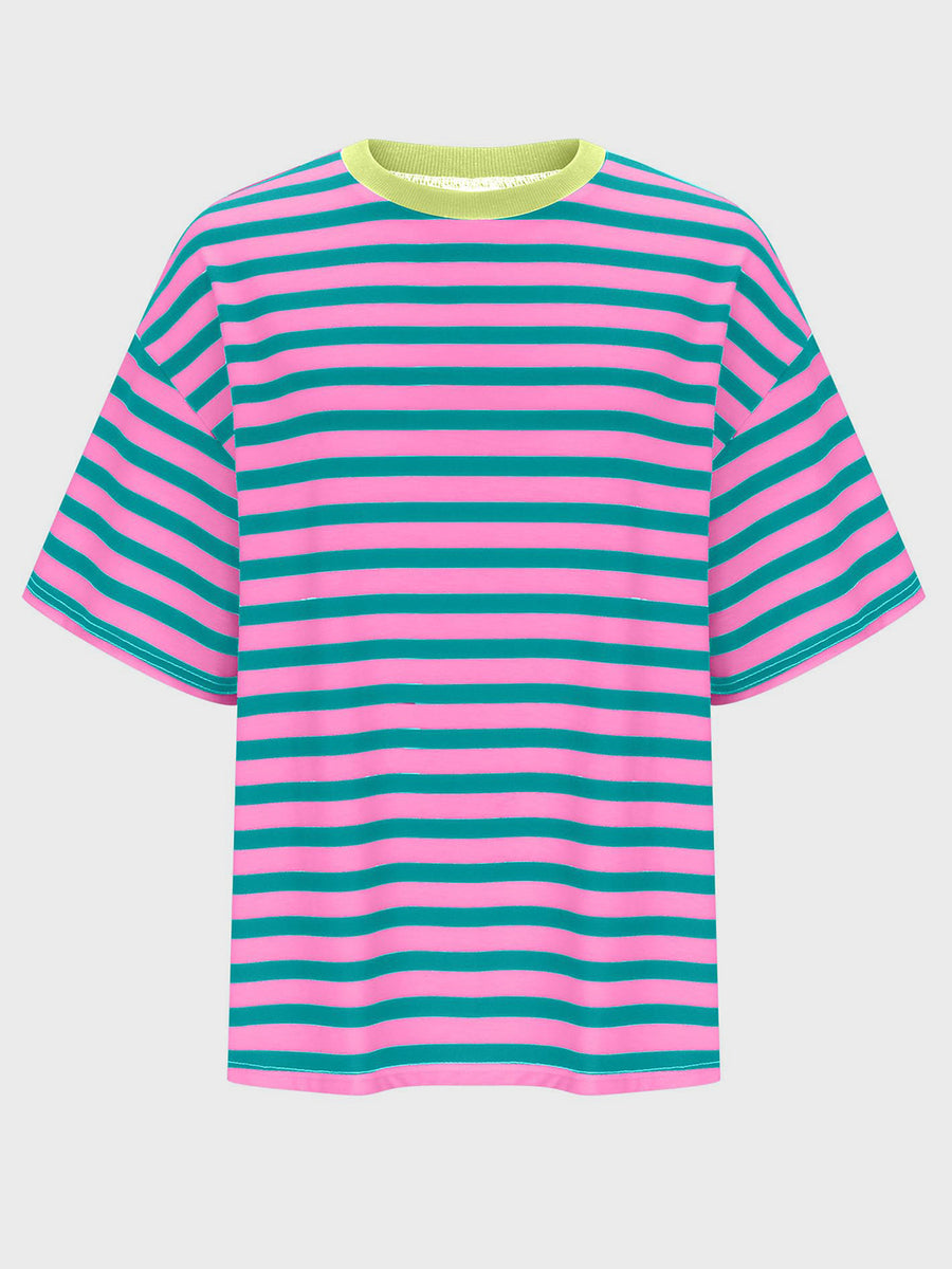 Oversized striped tee in fuchsia pink and teal with dropped sleeves and a lime green neckline.