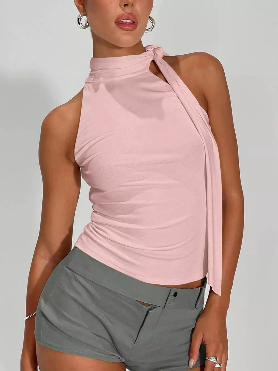 Pink halter neck sleeveless top with tie detail and ruched sides