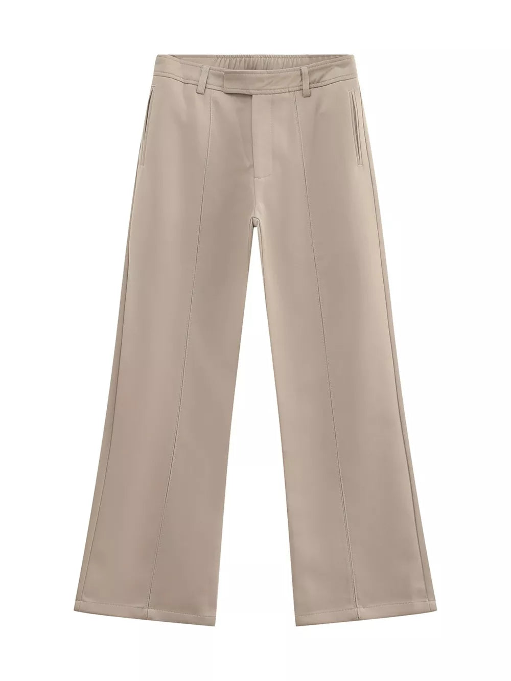 Apricot wide-leg sweatpants with adjustable waist and front seam detail.