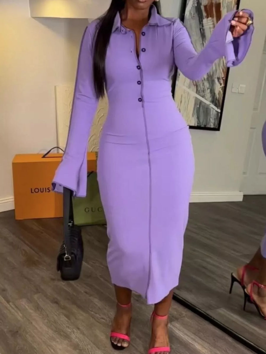 Button Front Long Sleeve Midi Dress option 4