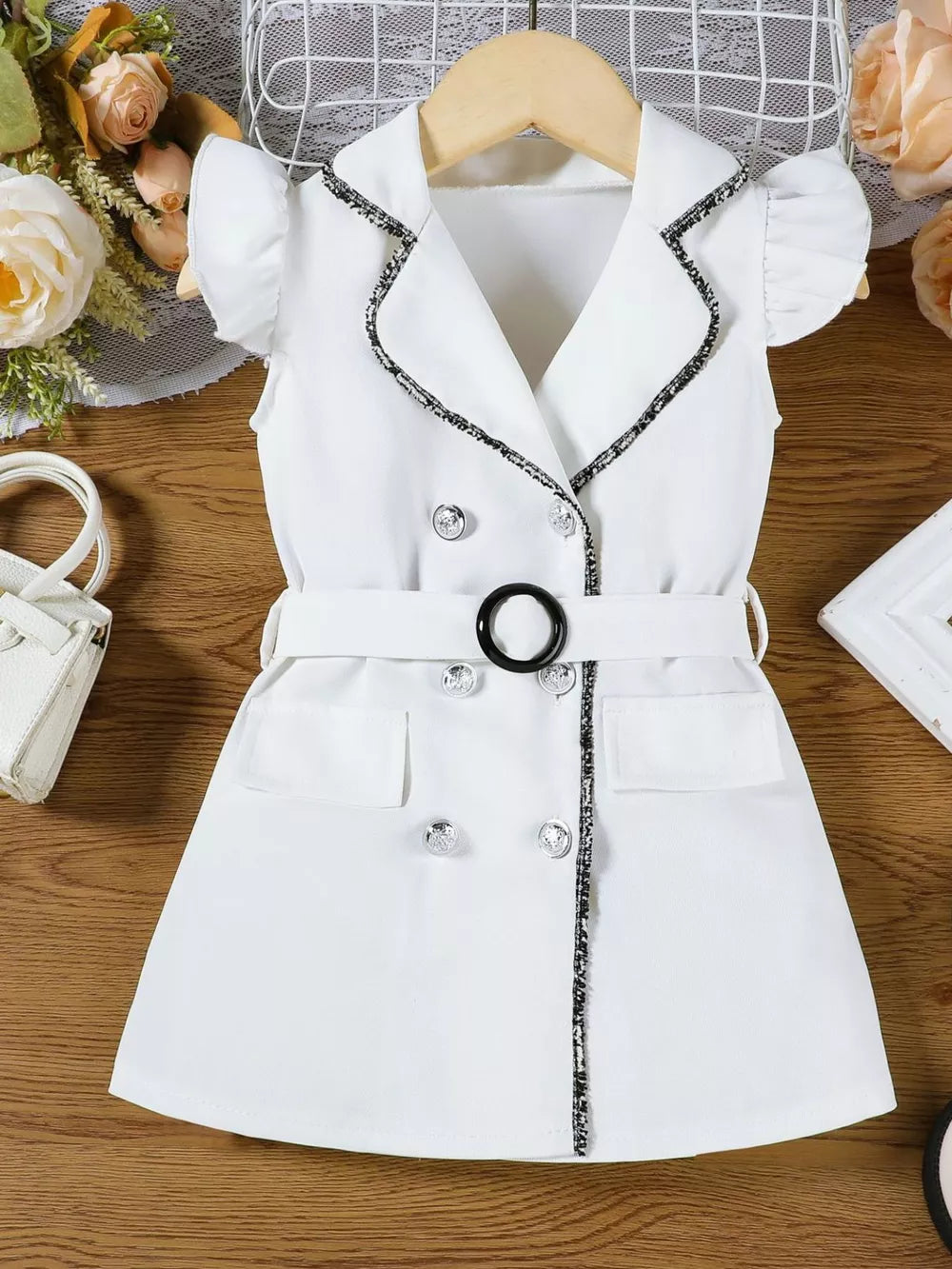 White double-breasted toddler dress with belted waist and ruffled sleeves.