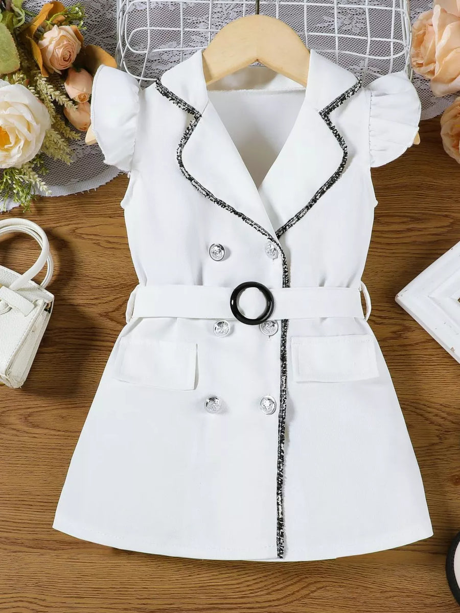White double-breasted toddler dress with belted waist and ruffled sleeves.