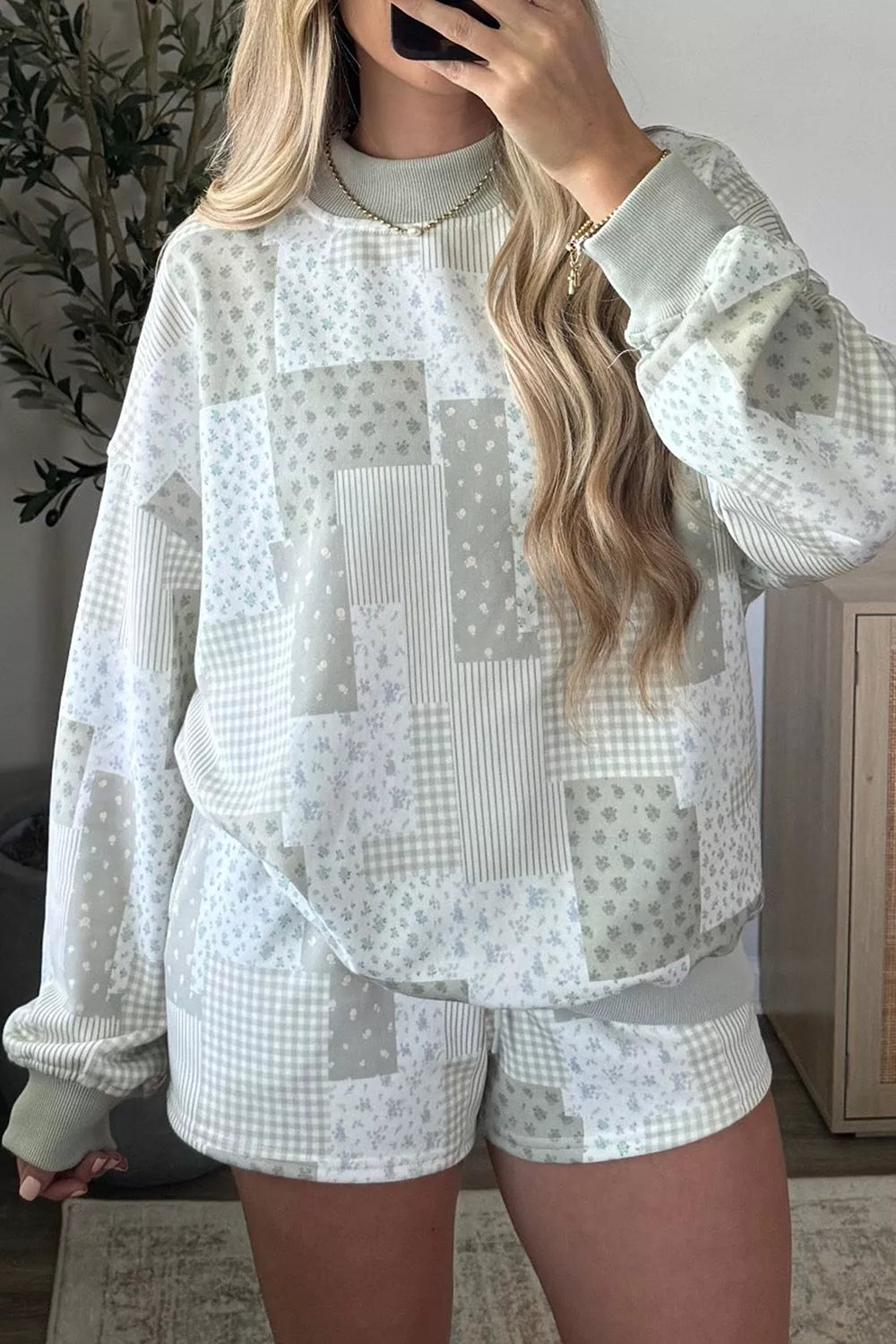 pajama set in white with patchwork and drawstring
