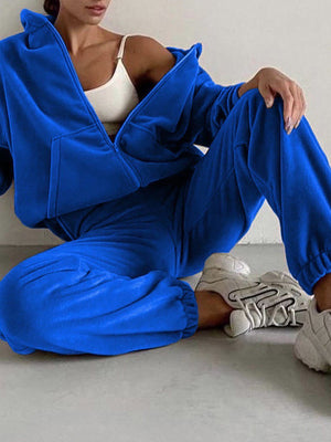 Royal blue fleece hoodie and jogger set with zip front and pockets.