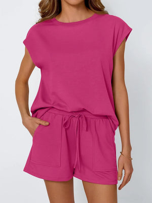 Hot Pink relaxed fit drawstring short set with cap sleeves and pocket detail.
