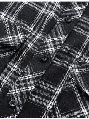 Men's black and white plaid button-up shirt with cotton blend fabric.