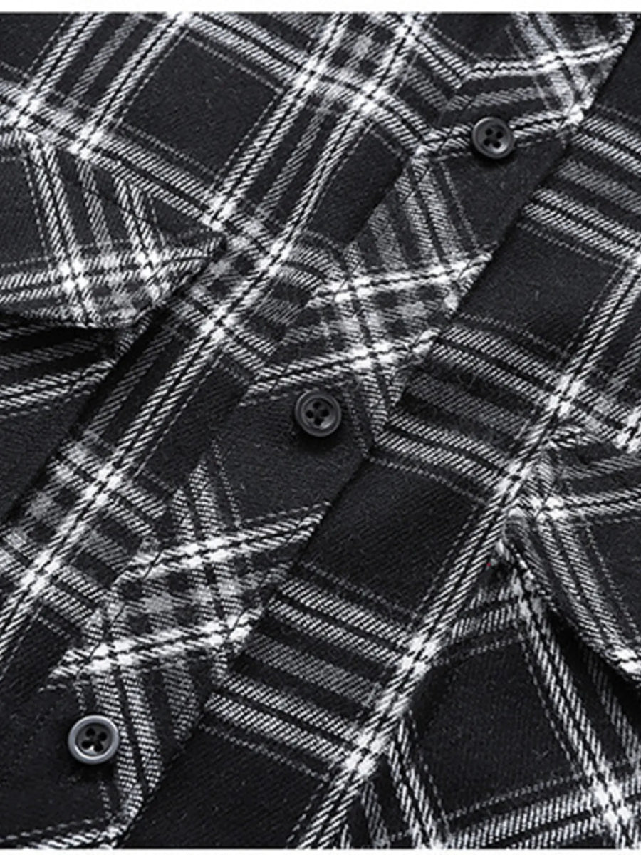 Men's black and white plaid button-up shirt with cotton blend fabric.